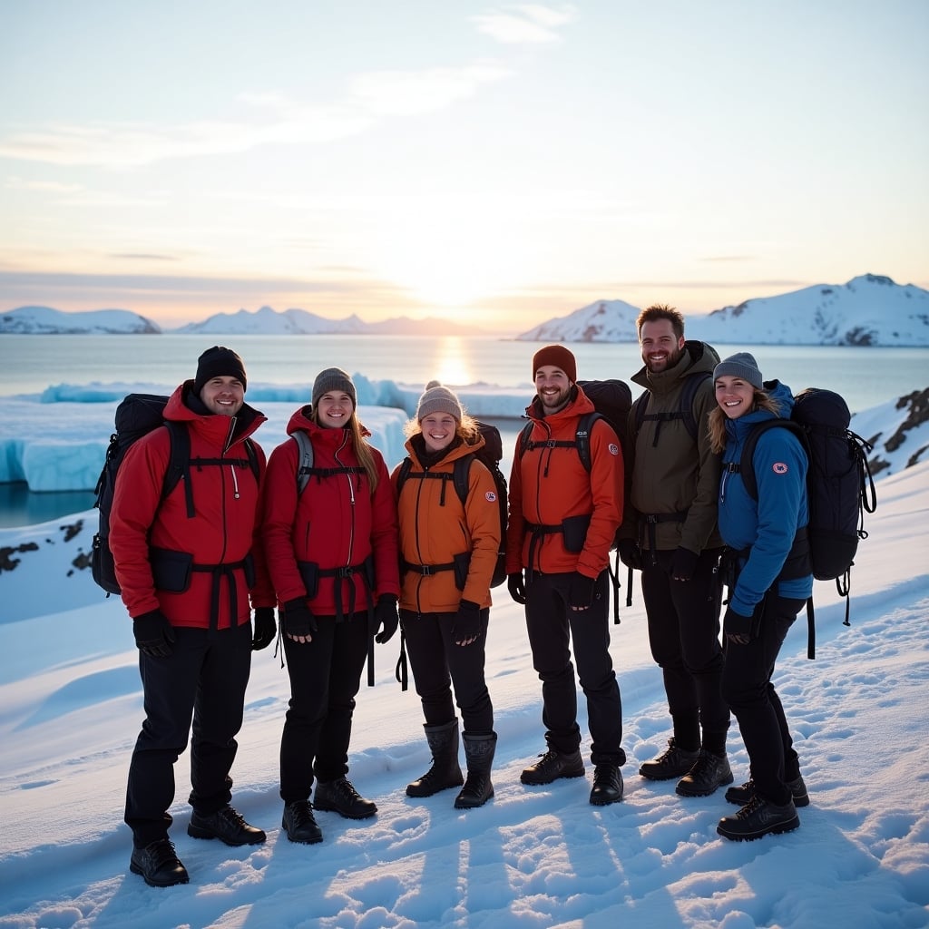 Six travelers stand together atop a snowy ridge overlooking icy fjords and distant glaciers in Greenland, smiling, with backpacks and hiking gear, low arctic sun