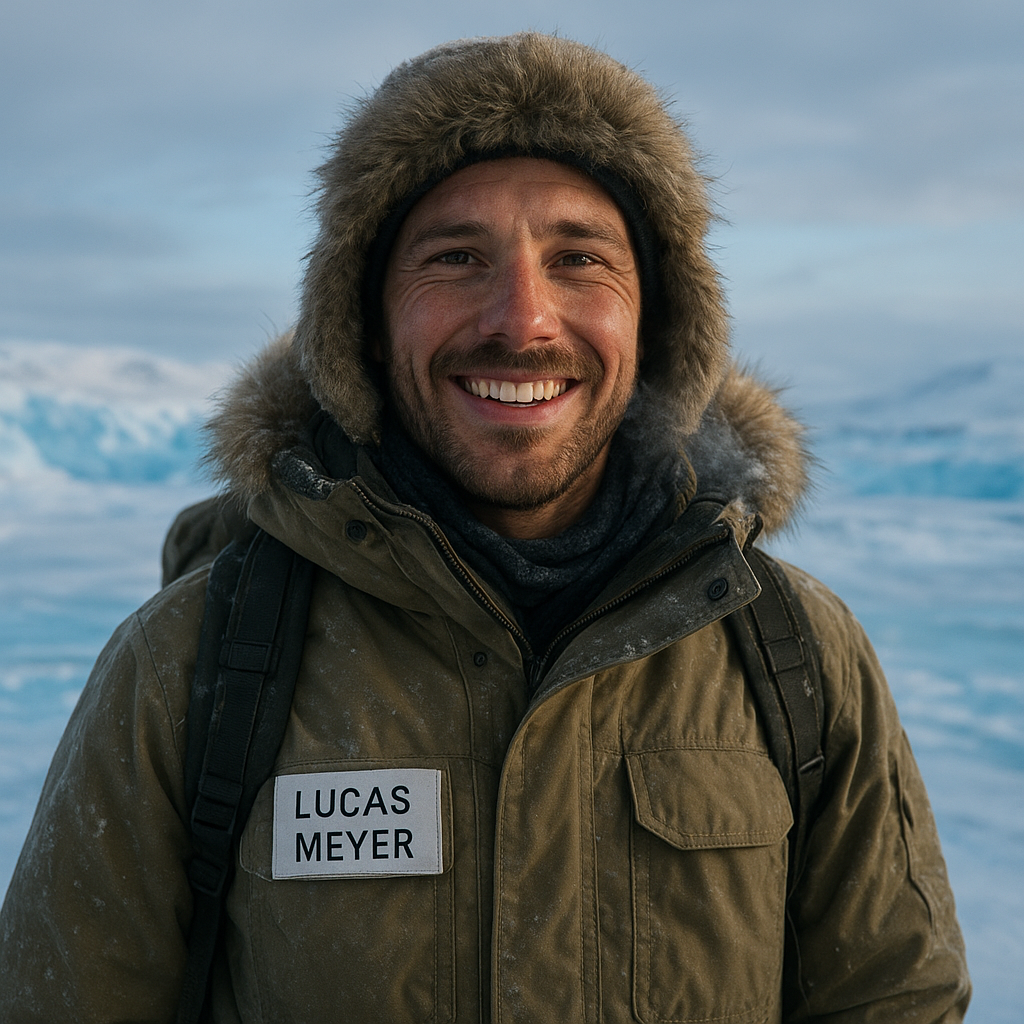 Lucas Meyer, smiling explorer in arctic gear with icy Greenlandic landscape