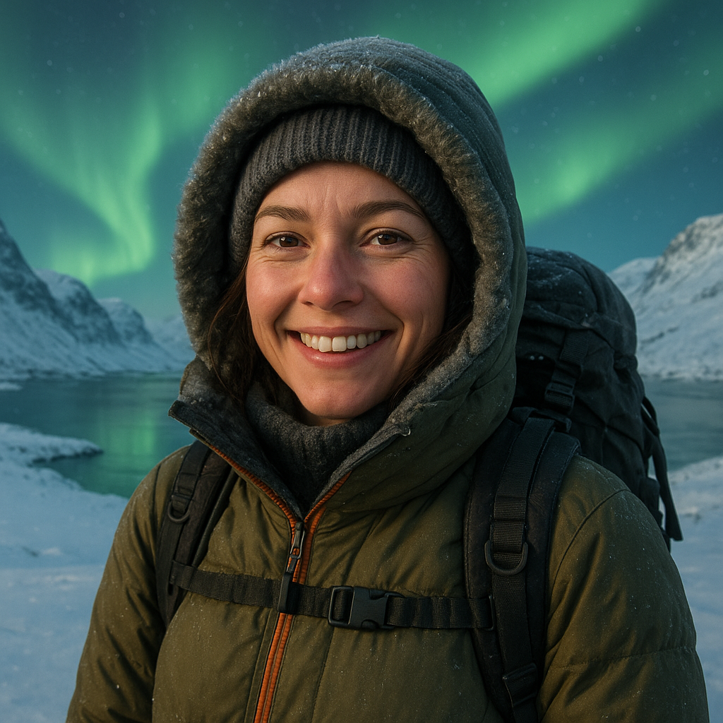 Ava Johnson, woman explorer smiling in winter gear, northern lights and glacier background