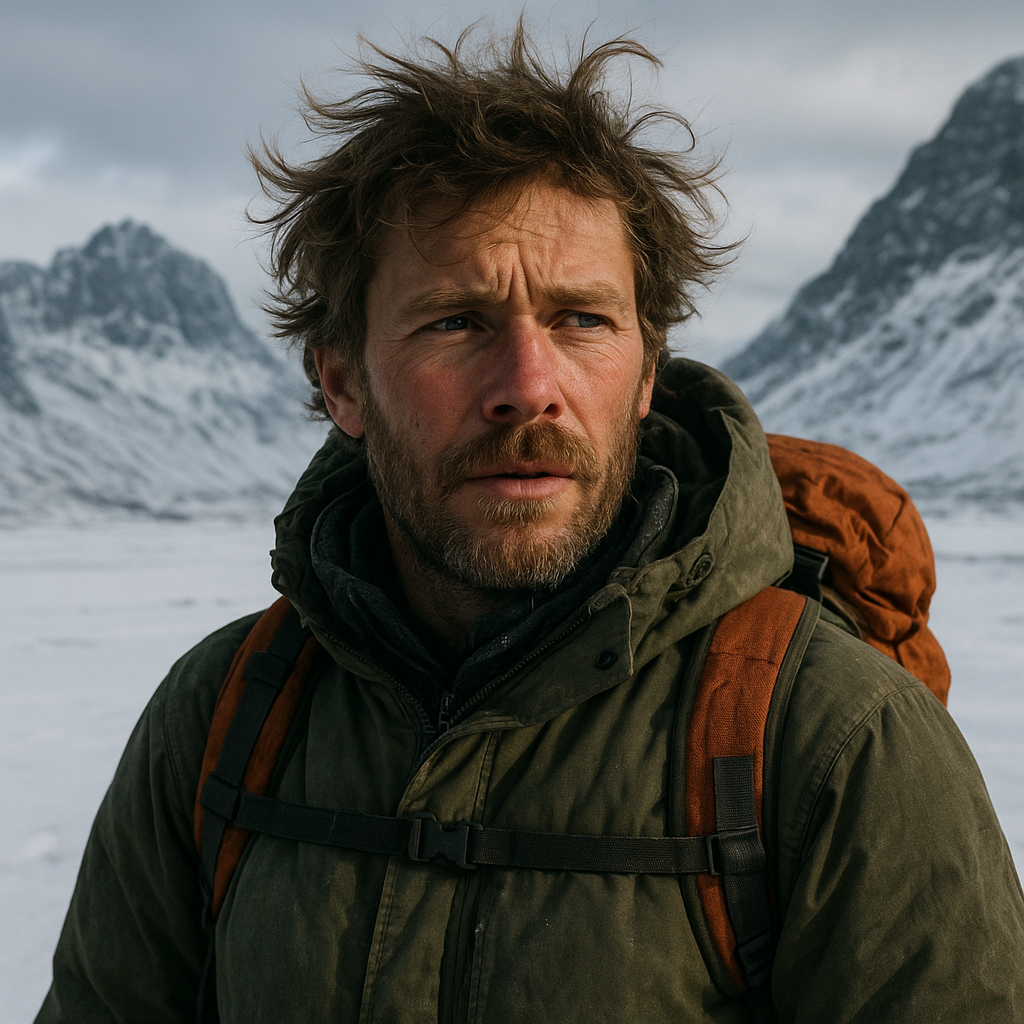 Nikolaj Sørensen, explorer with snowy mountain backdrop, windswept hair, authentic emotion