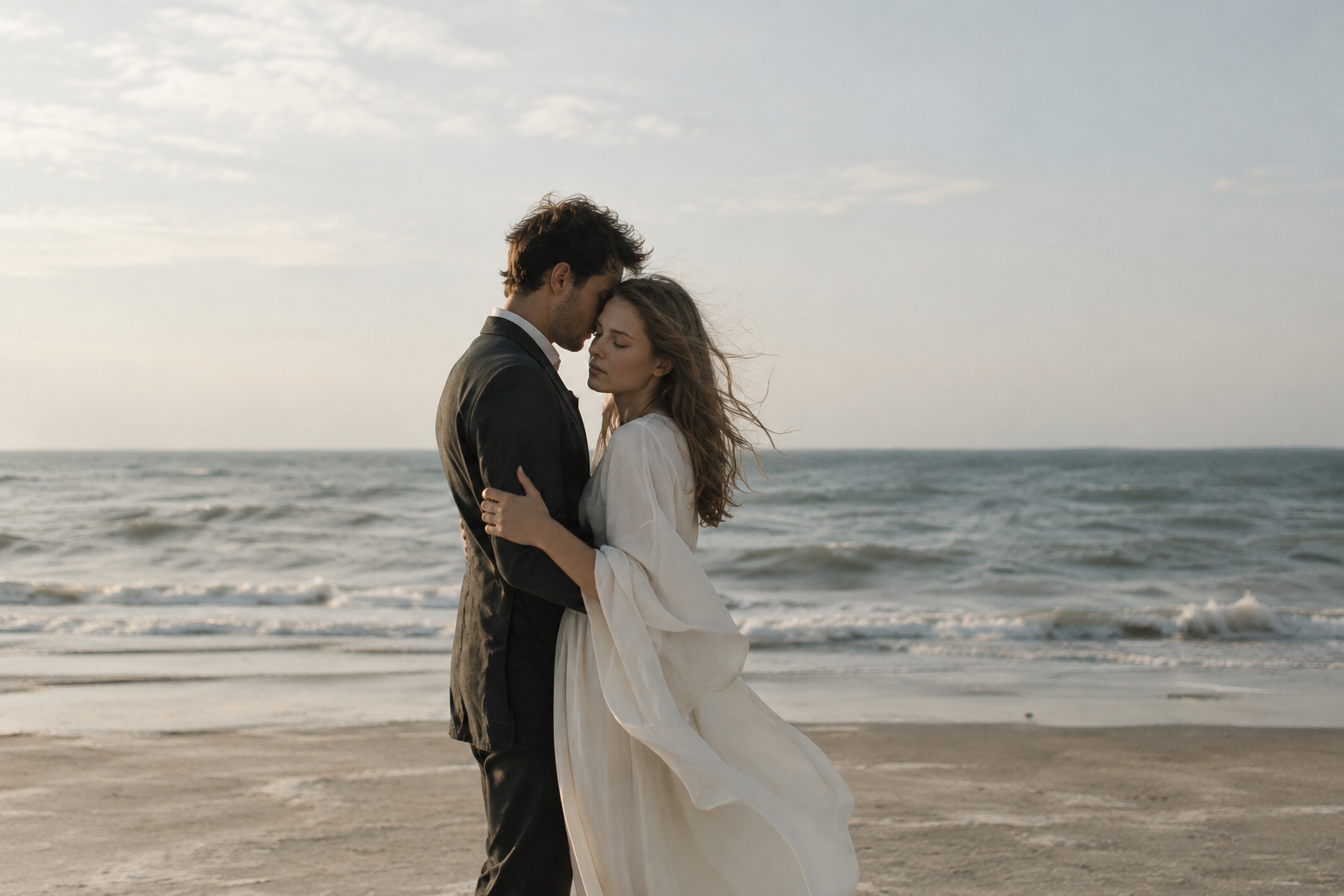 Couple embracing on a windswept shoreline beneath a pale open sky
