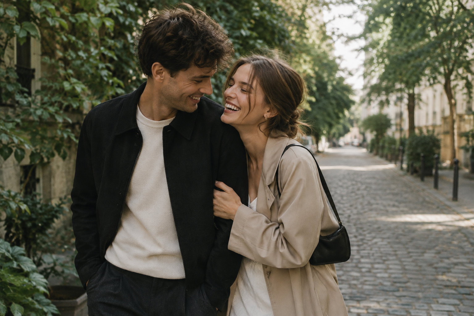 Young couple laughing together on a leafy cobblestone street in the city