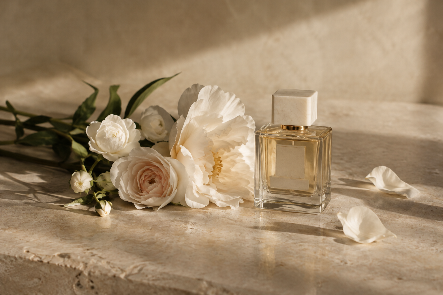 Minimal editorial still life of pale flowers and perfume on a warm stone surface