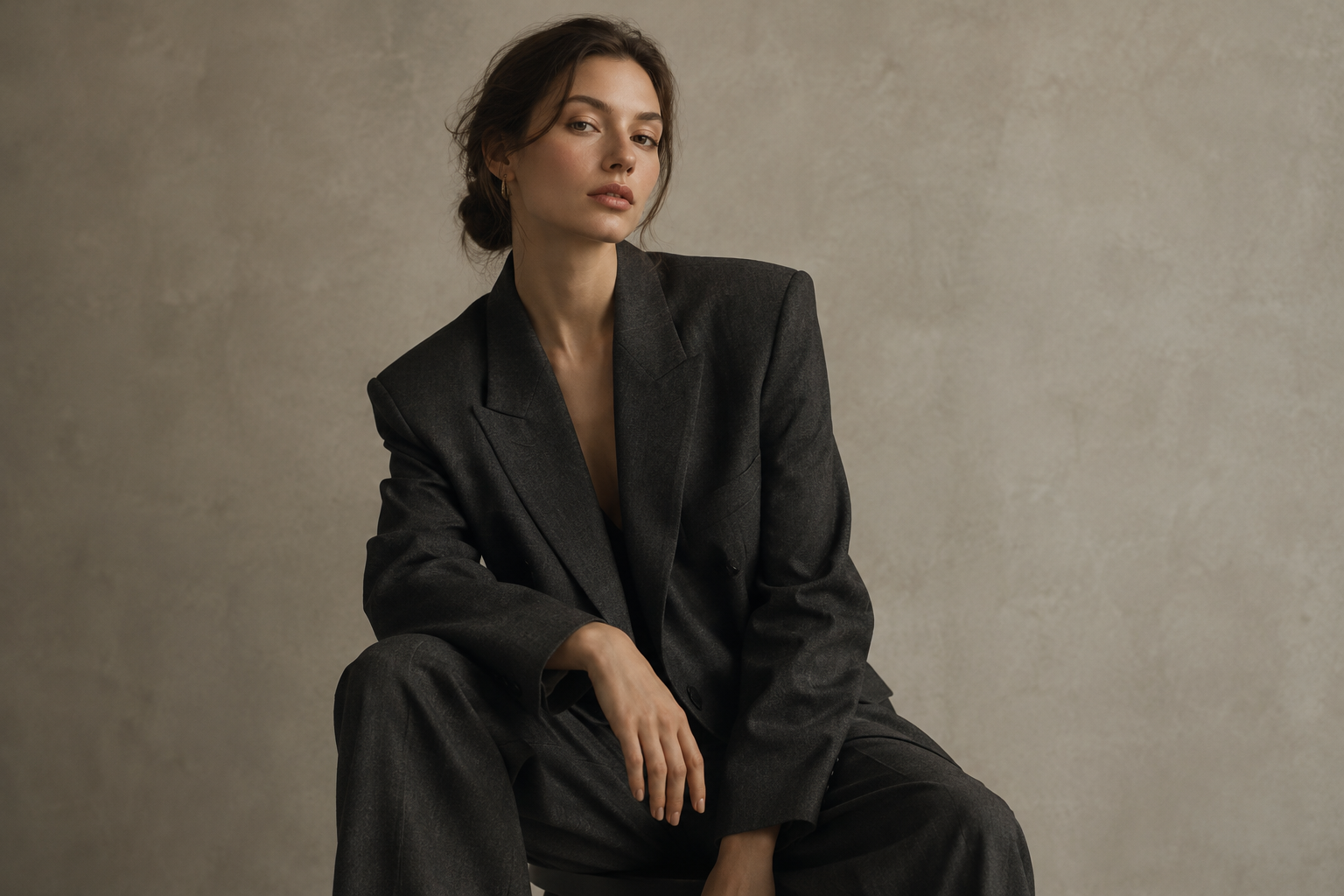 Quiet studio portrait of a model in a deep charcoal tailored suit