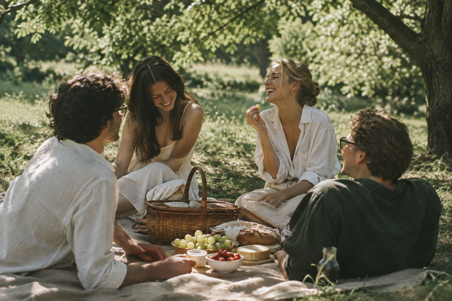 Analog film scene of friends sharing a summer picnic beneath dappled trees