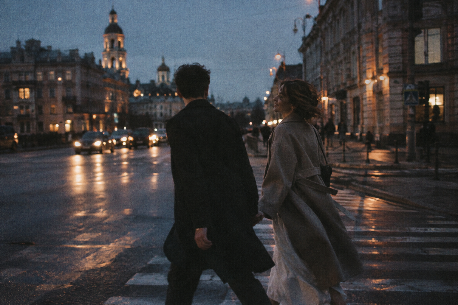 Grainy 35mm photograph of a couple crossing a Kyiv street at blue hour