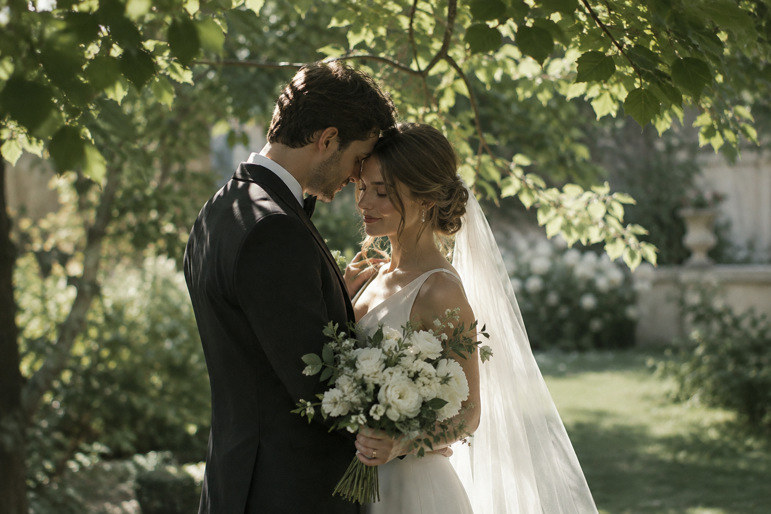 Bride and groom sharing a quiet moment beneath leafy trees at a sunlit garden wedding