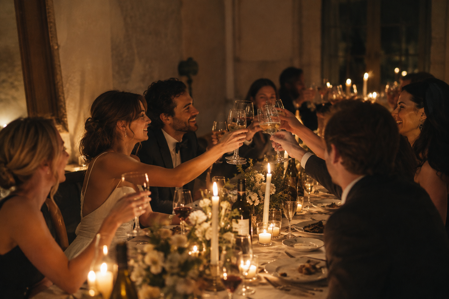 Candlelit wedding dinner with friends raising glasses around a long table