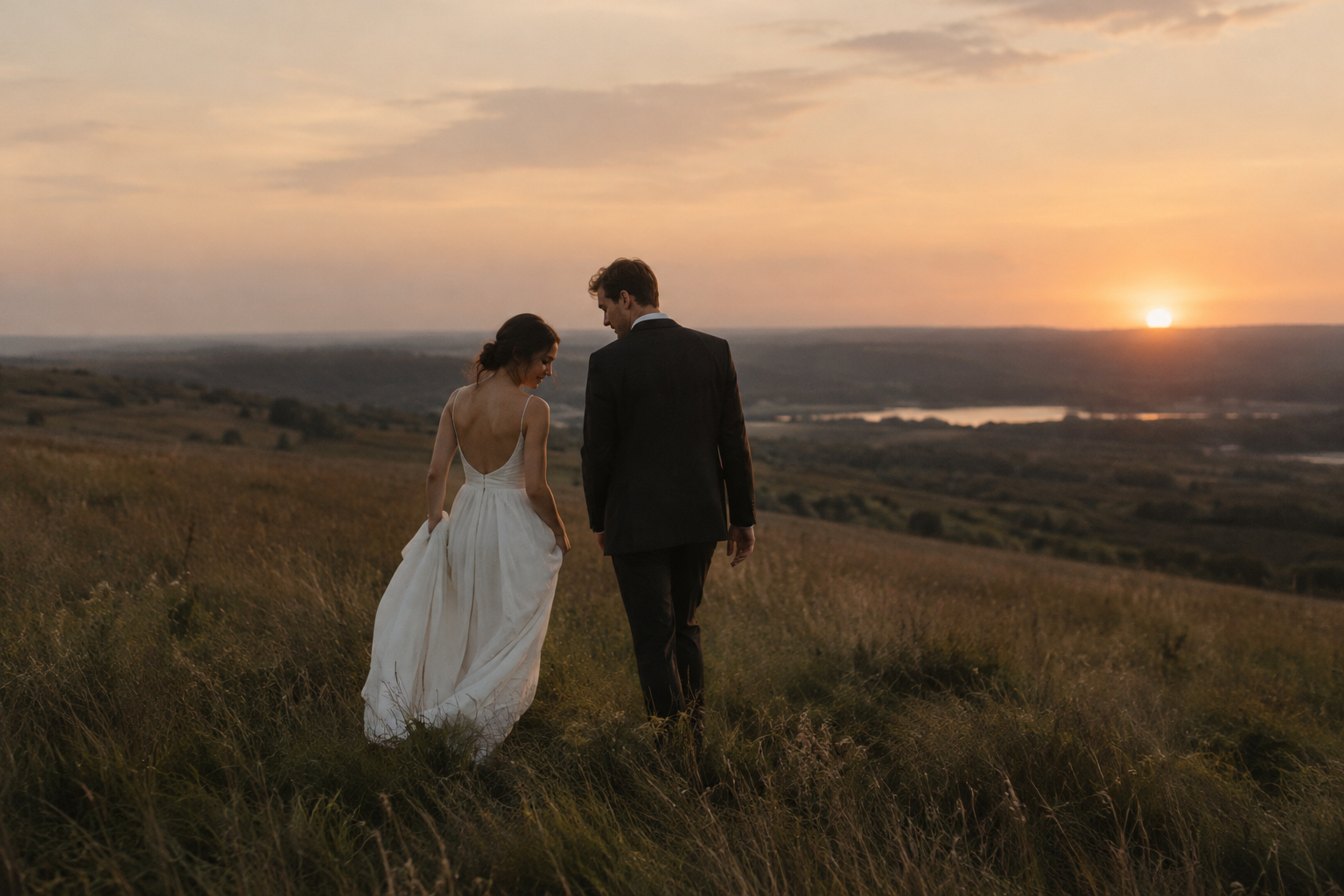 Newlyweds walking together through a quiet field in the last light of day