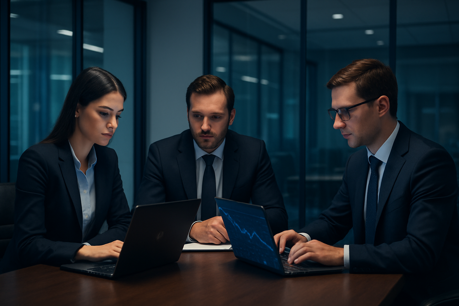 A refined meeting room with three finance professionals in dark suits reviewing market data on laptops, soft blue lighting and a premium corporate atmosphere
