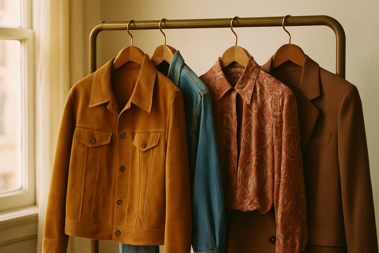 Curated vintage clothing rack with tailored pieces and statement prints