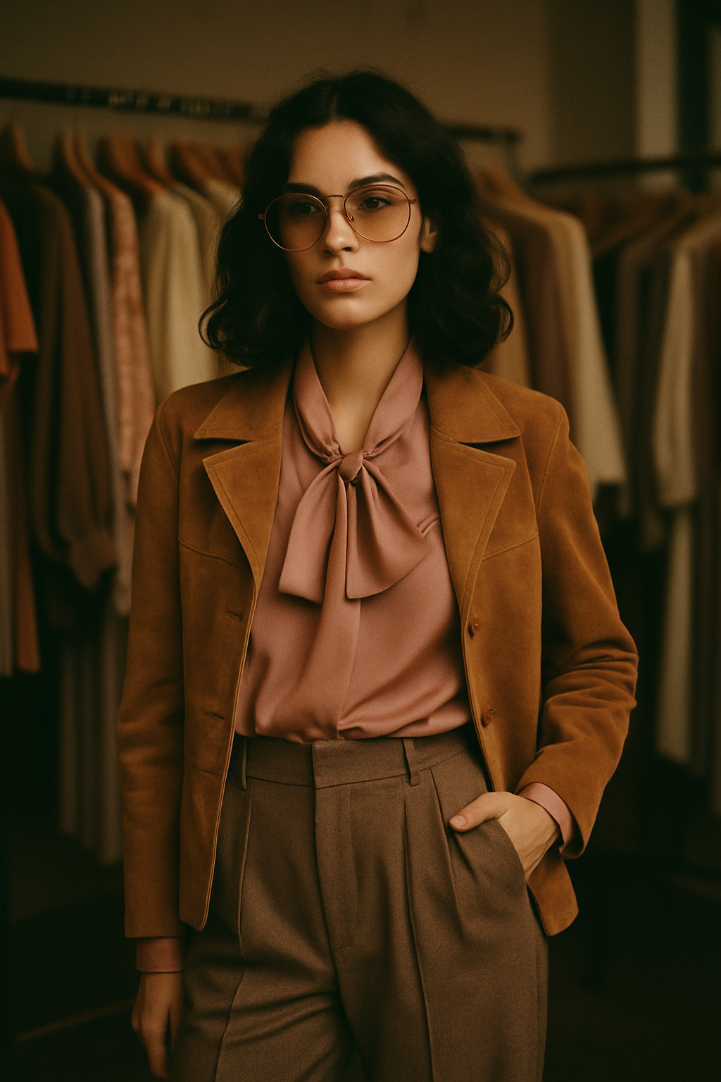 Model wearing curated 70s and 80s vintage layers in warm film tones