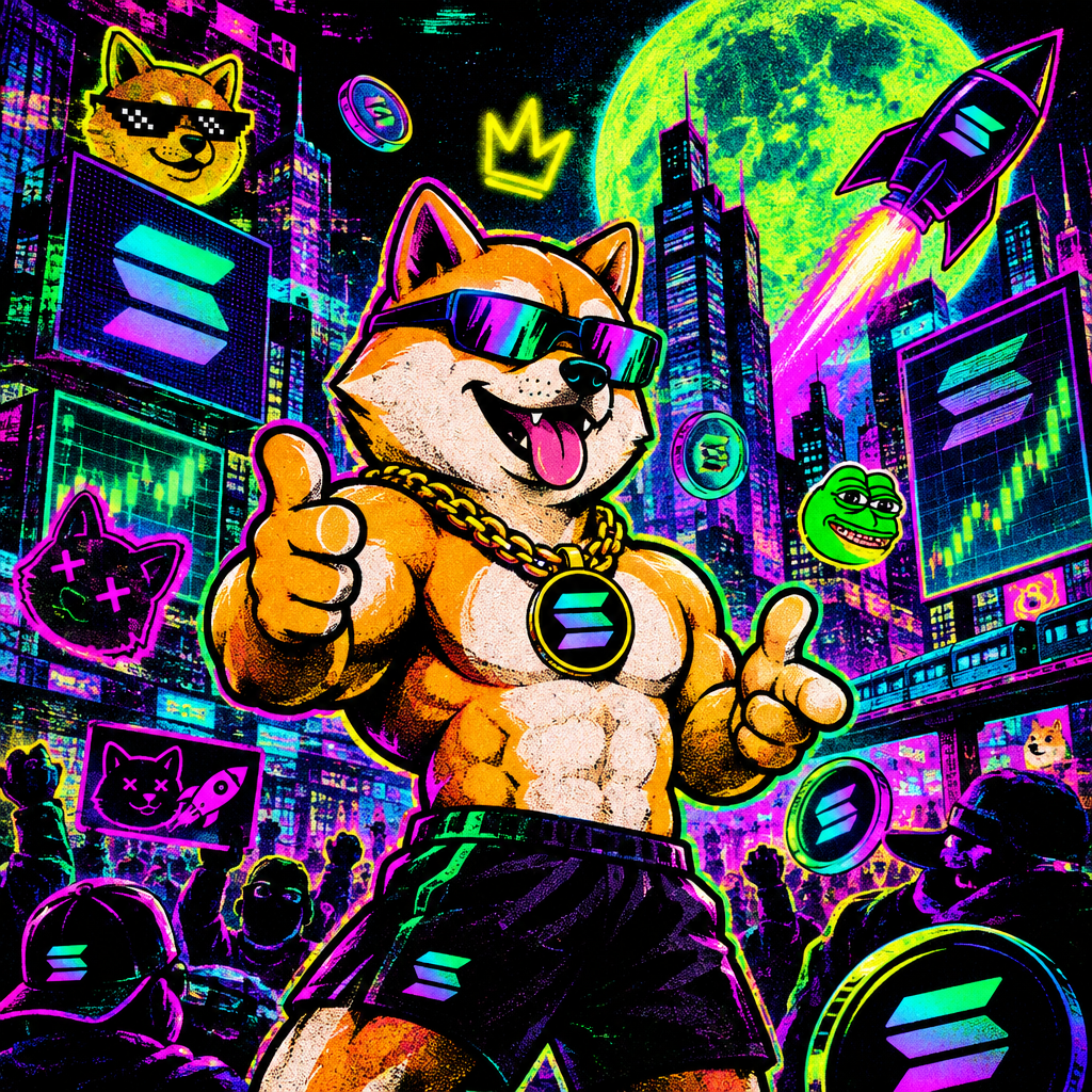 Body Inu mascot in a surreal retro-internet neon crypto city with glitch stickers, Solana-style chart screens, and absurd meme energy