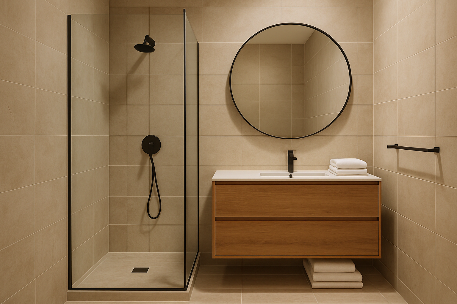 Illustrative stone-tiled bathroom