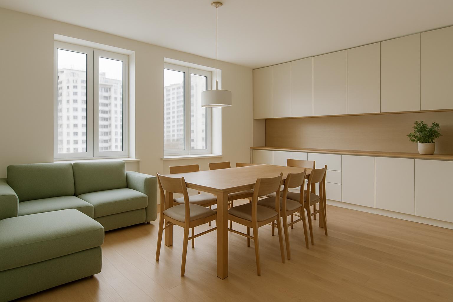 Spacious Obolon family apartment with sage sofa and a large dining table