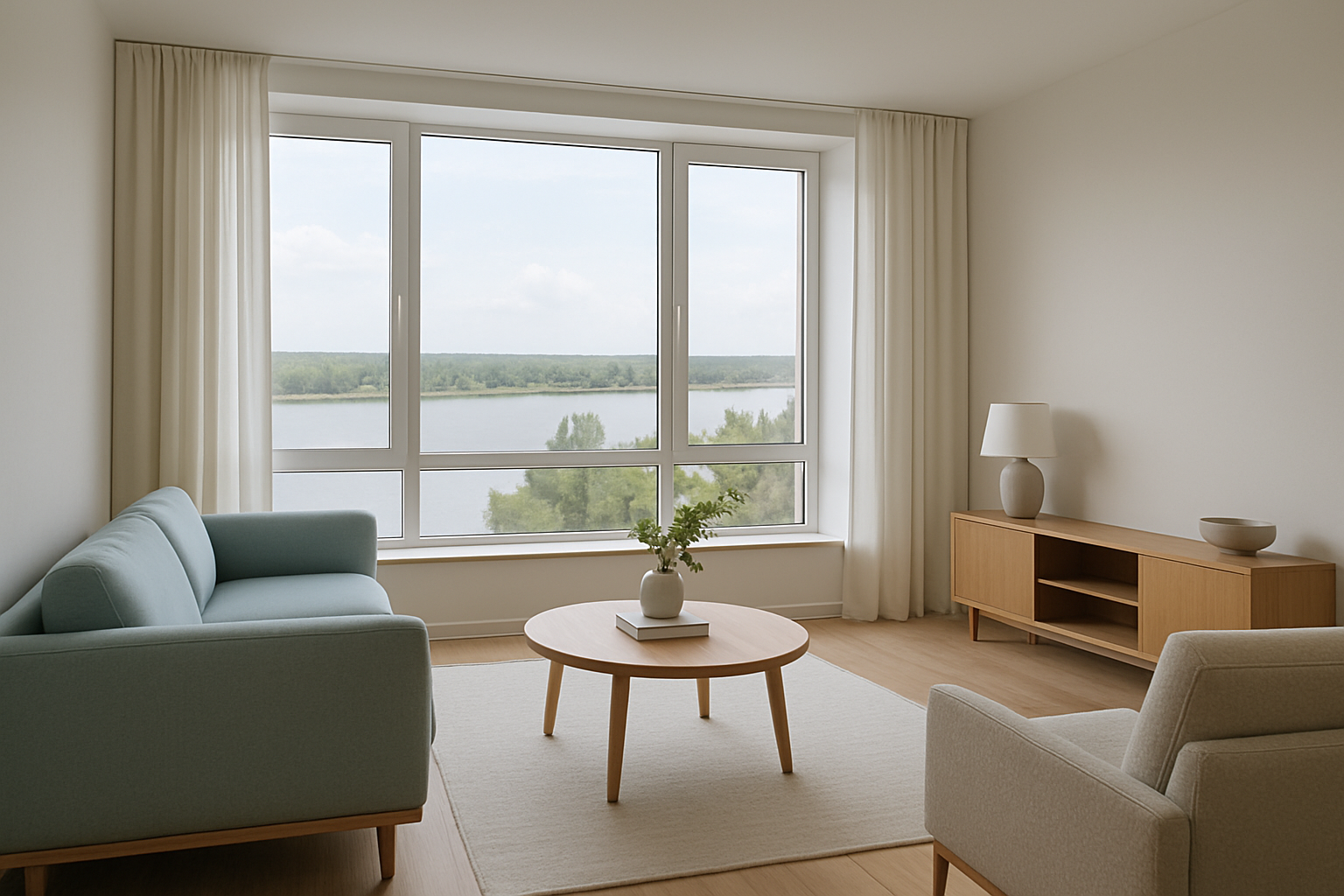 Airy Obolon living room with pale blue seating and river views