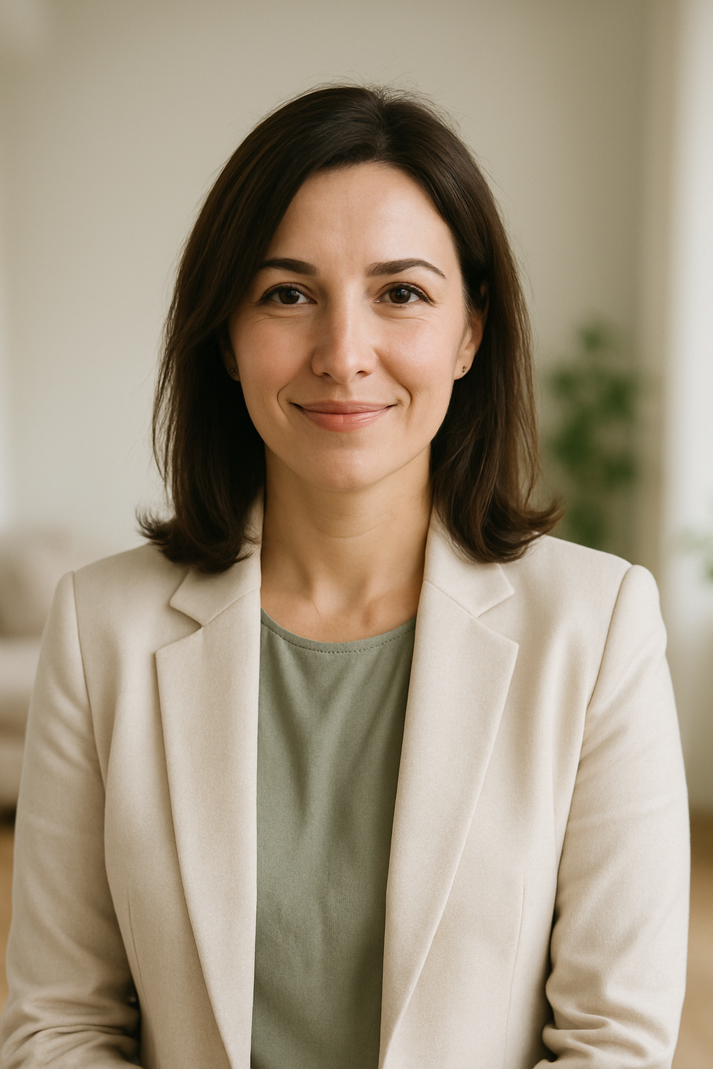 Professional portrait of Olha Melnyk in a light tailored blazer, smiling in a bright interior