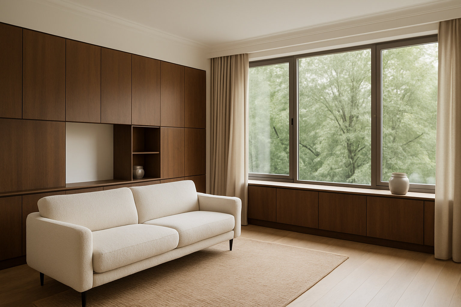 Pechersk apartment with cream sofa, walnut cabinetry and leafy views