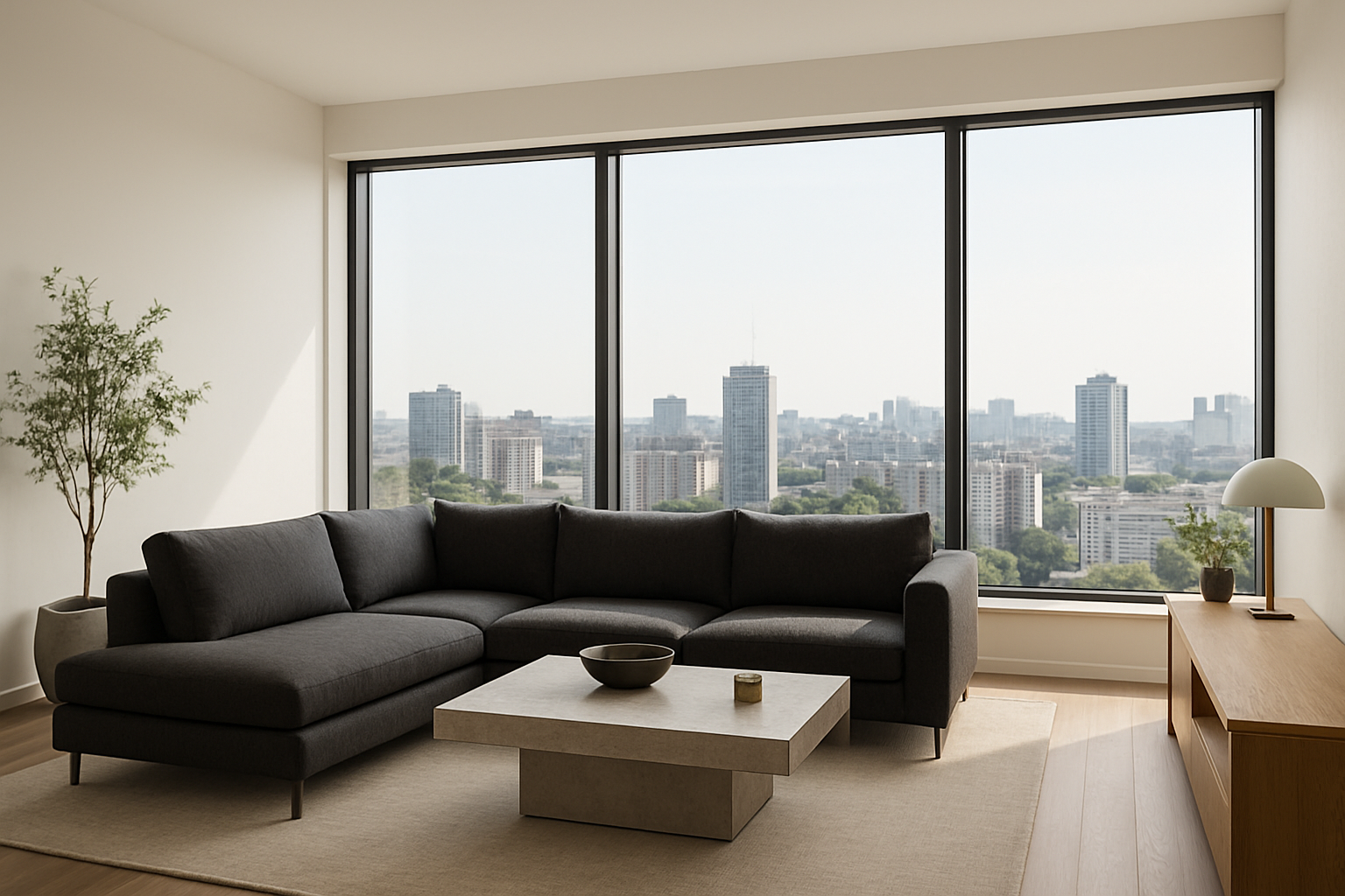 Modern Pechersk apartment with panoramic windows and charcoal sectional sofa