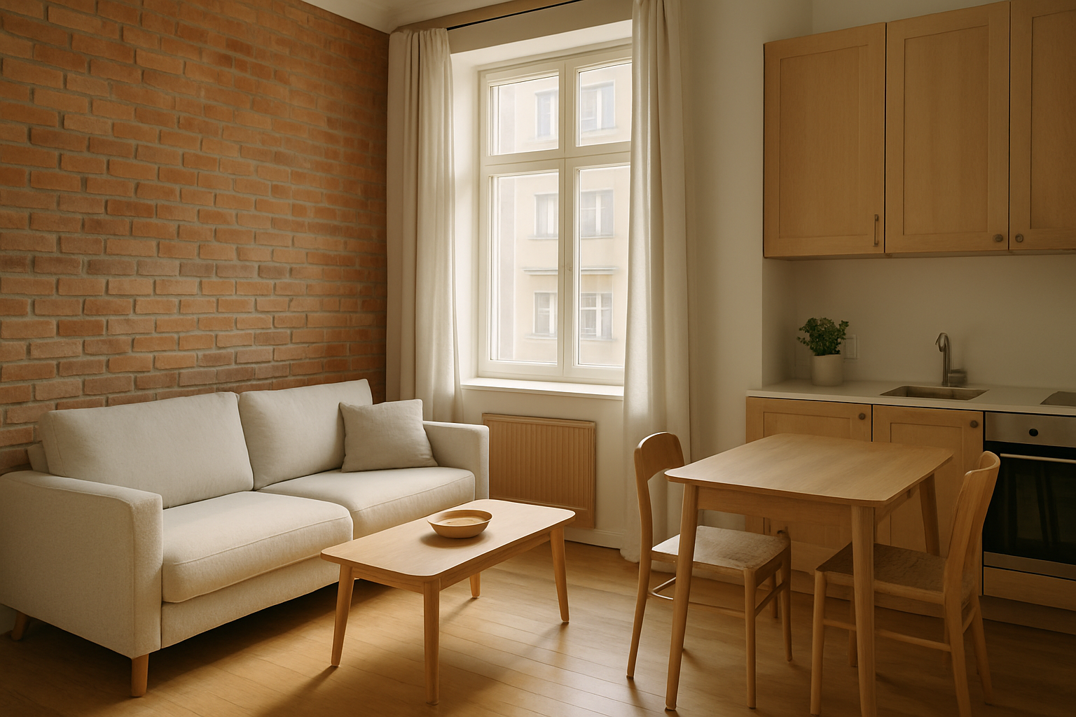 Sunny Podil apartment with exposed brick and oak furniture