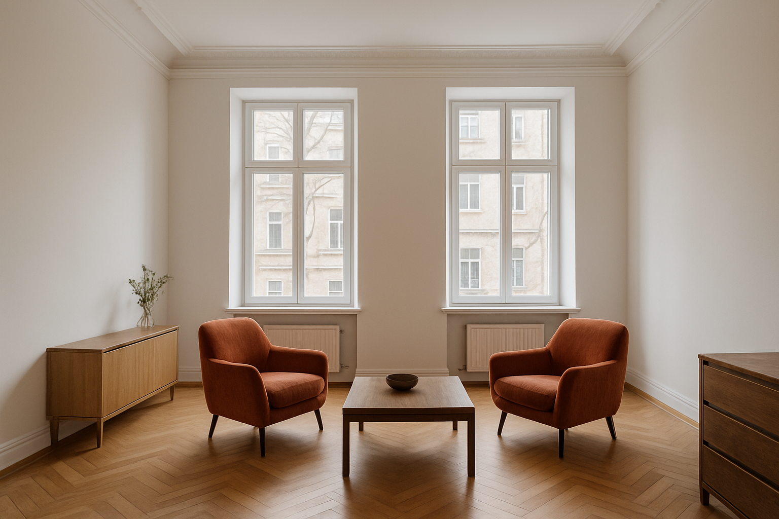 Historic Podil apartment with tall windows, parquet and terracotta armchairs