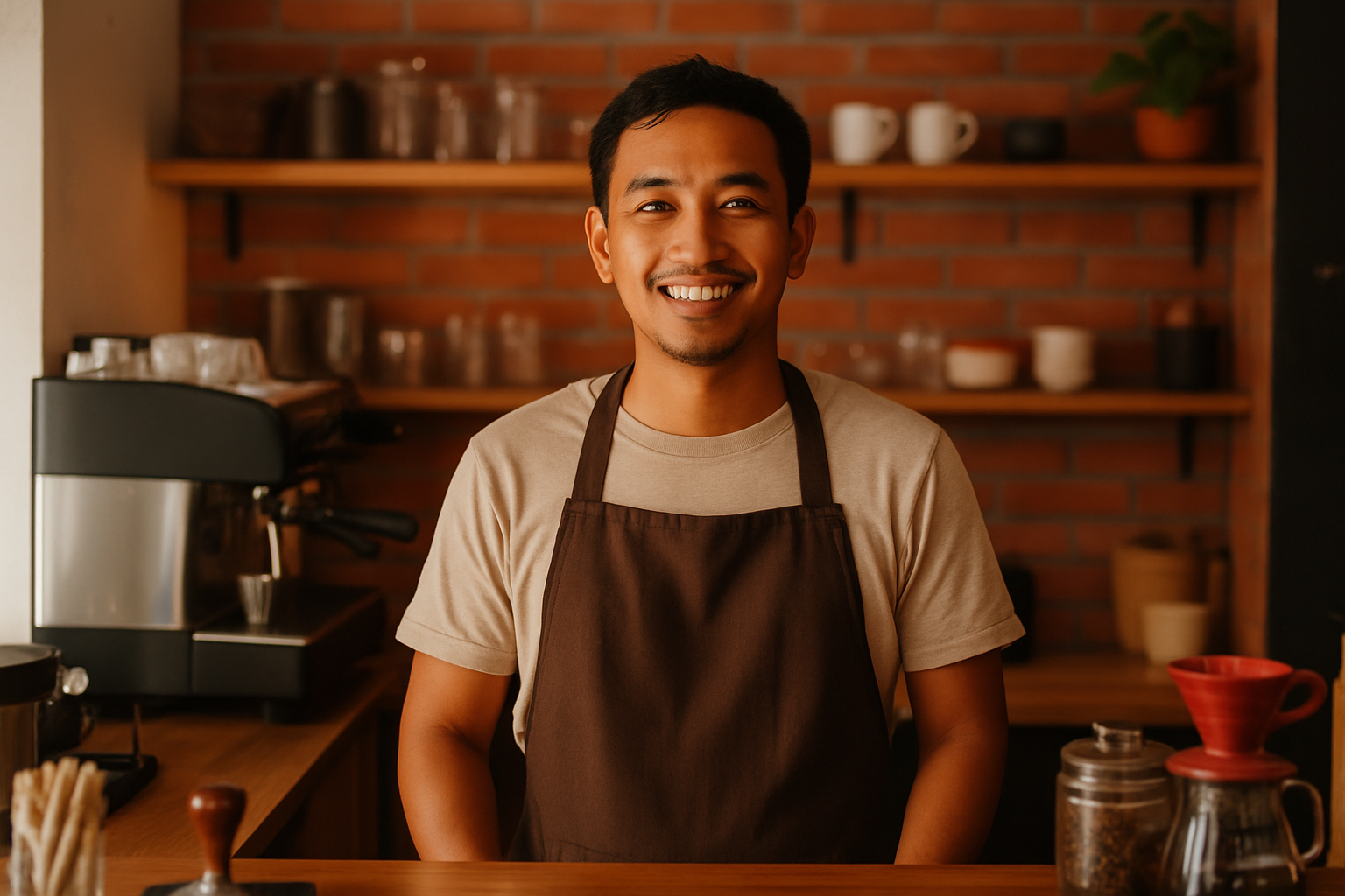 Barista UMKM Indonesia tersenyum di dalam kafe kecil yang hangat dan modern