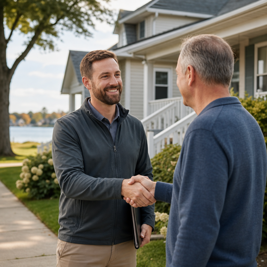 Friendly home buyer standing on a sunny front porch with a homeowner, holding a clipboard
