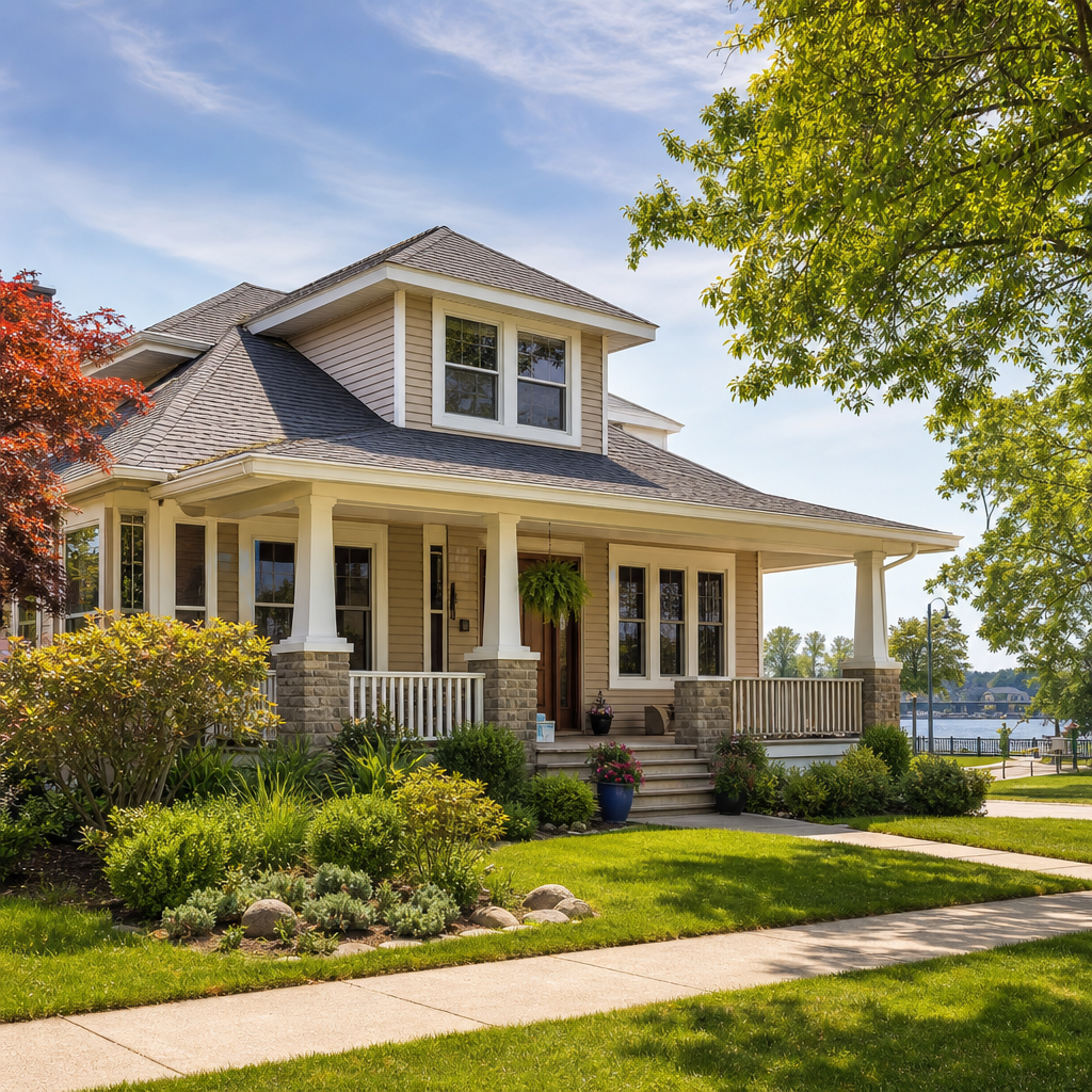 Warm, welcoming suburban home with tidy landscaping and a clear blue sky