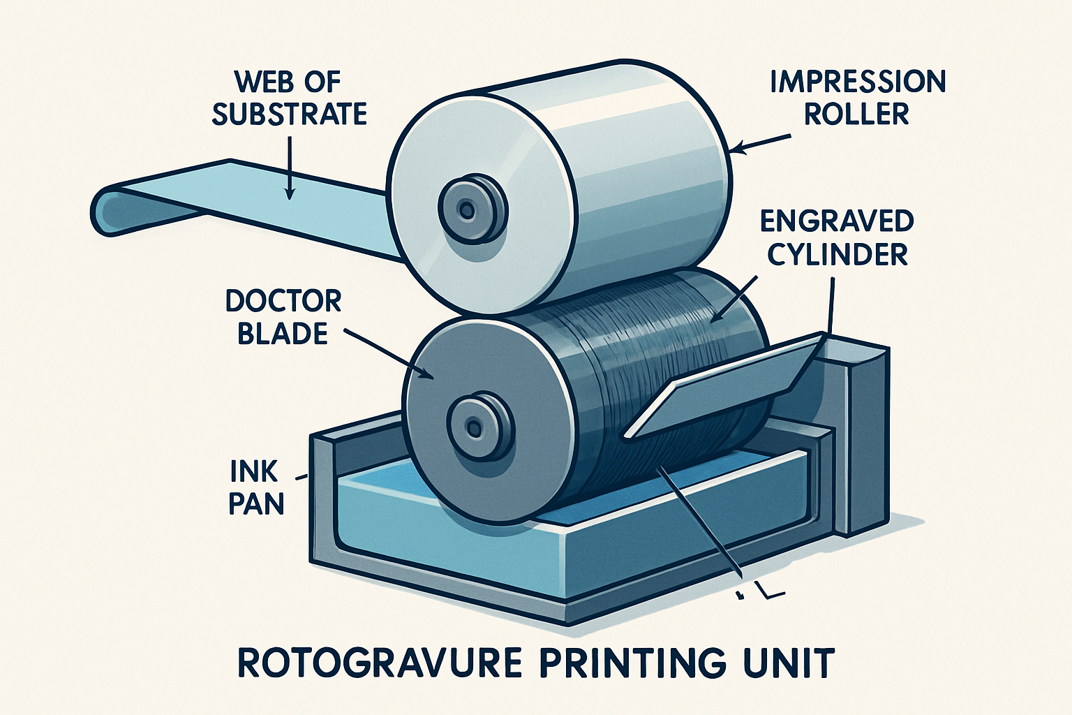 Cross-sectional diagram of a rotogravure printing unit showing engraved cylinder, doctor blade, ink pan, impression roller, and substrate path