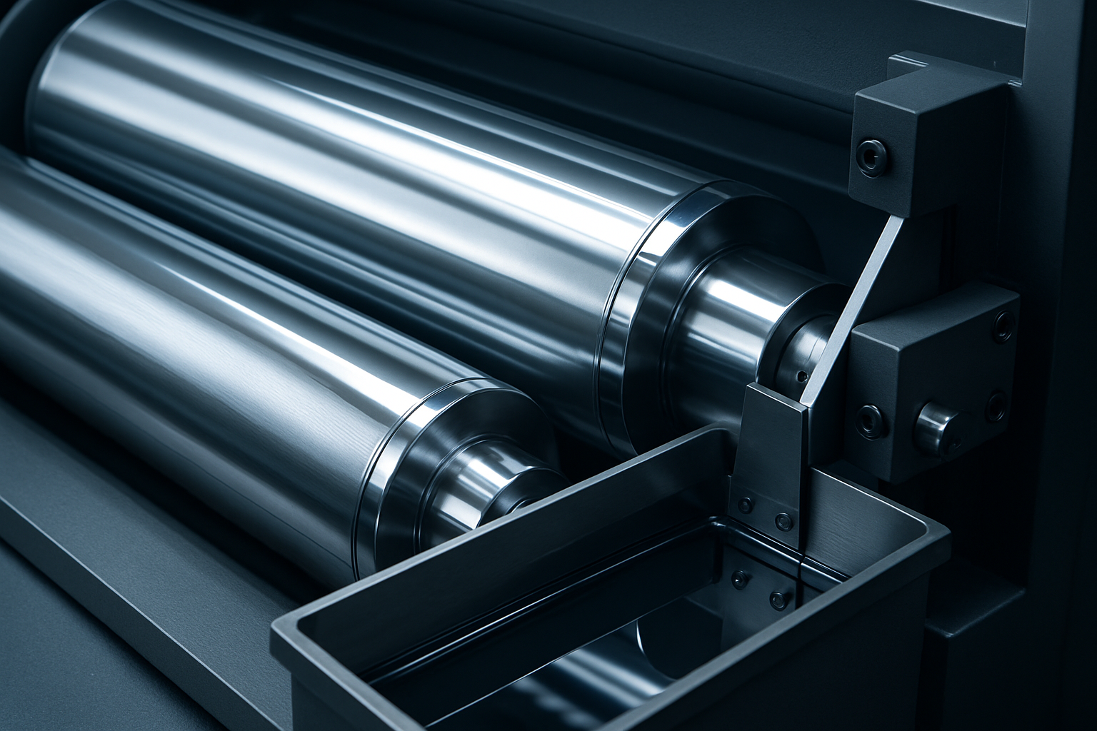 Close-up of a rotogravure printing press showing engraved cylinders, ink pan, and doctor blade assembly