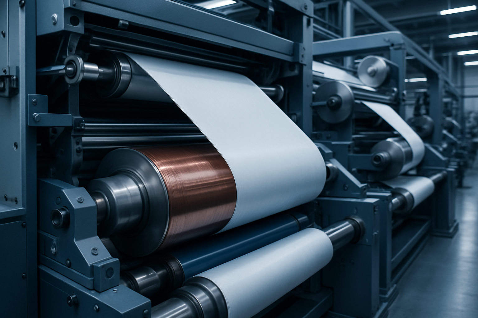 Rotogravure printing press line with cylinders and web path