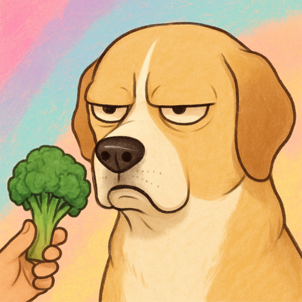 Dramatic dog reviewing broccoli