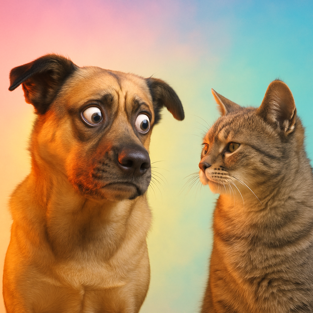 Dramatic dog reviewing a cat
