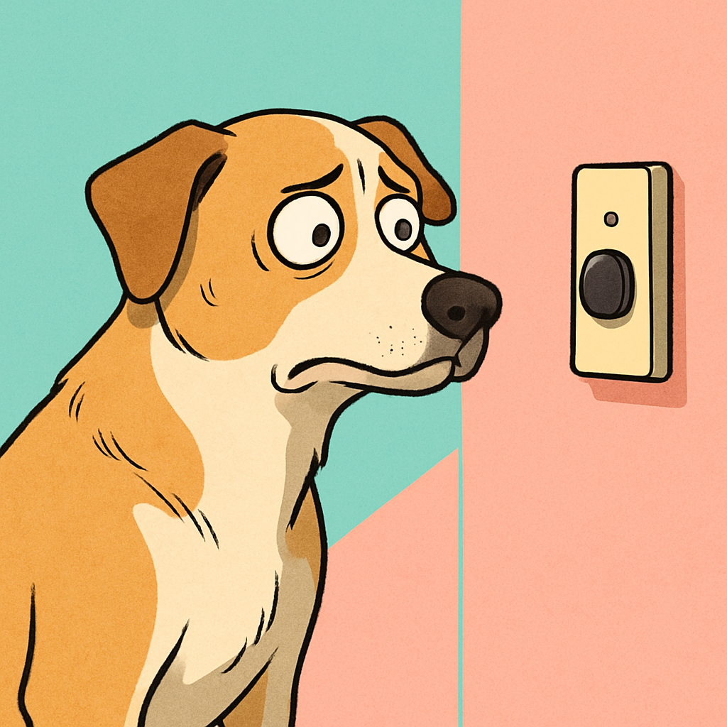 Dramatic dog reviewing a doorbell