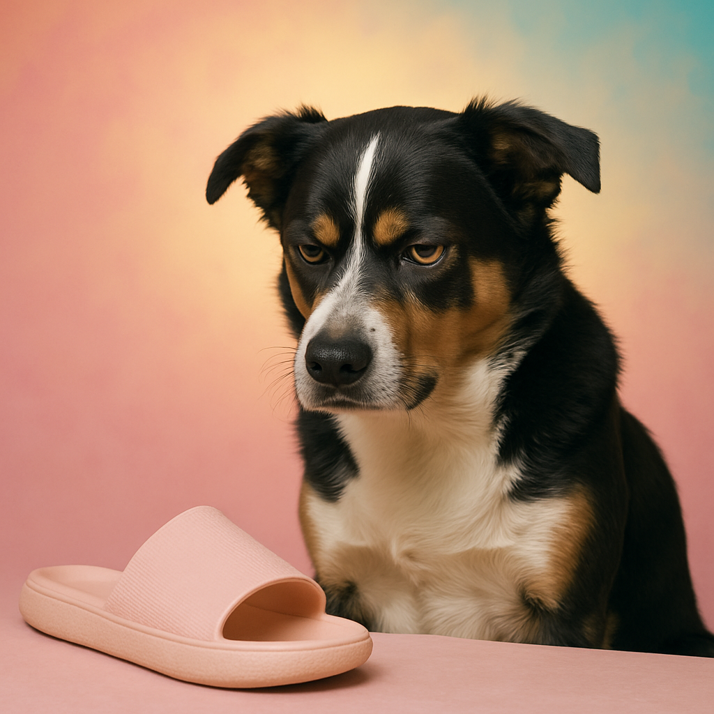 Dramatic dog reviewing a slipper