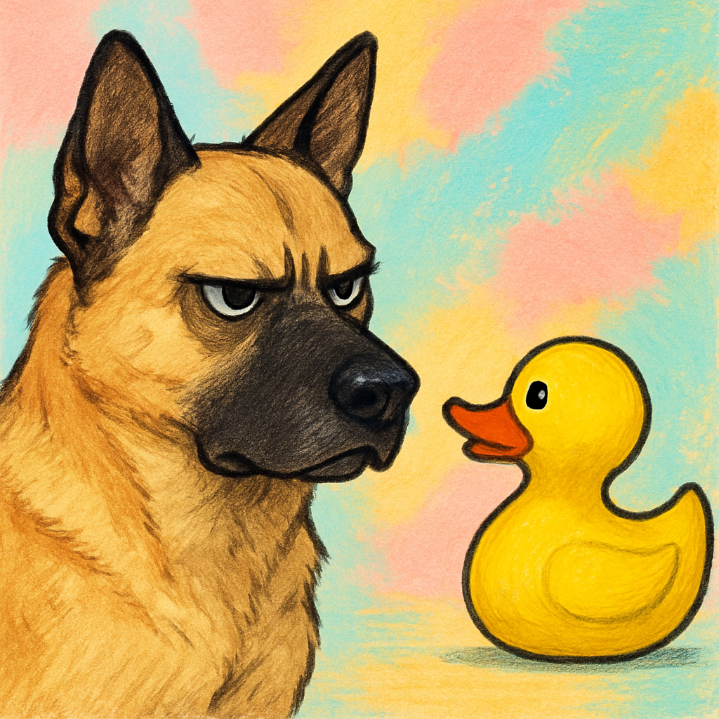 Dramatic dog reviewing a squeaky duck toy