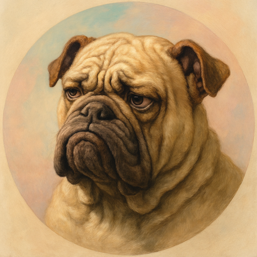 Professor Drool, a wrinkly bulldog with a thoughtful frown