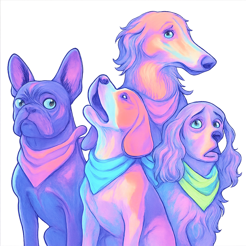 A squad of dramatic dogs in neon bandanas