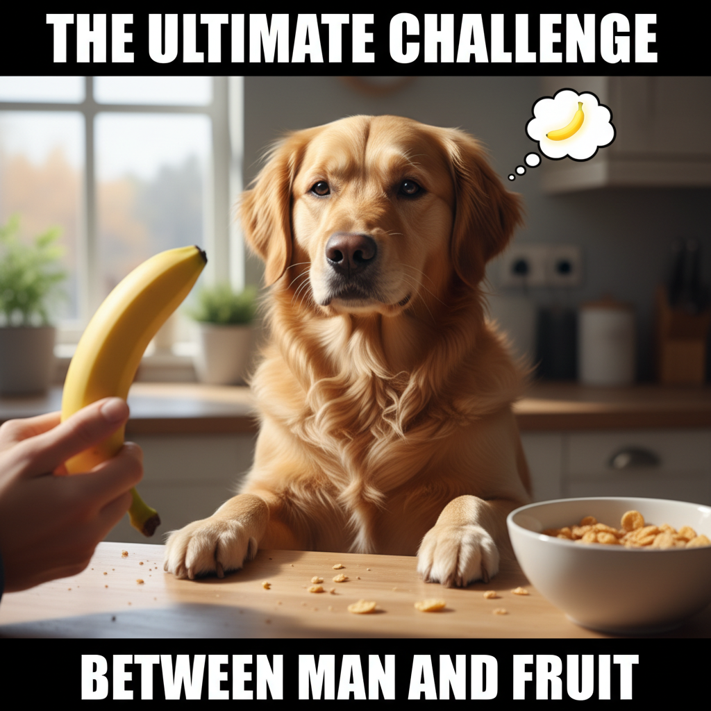 Dramatic dog reviewing a banana