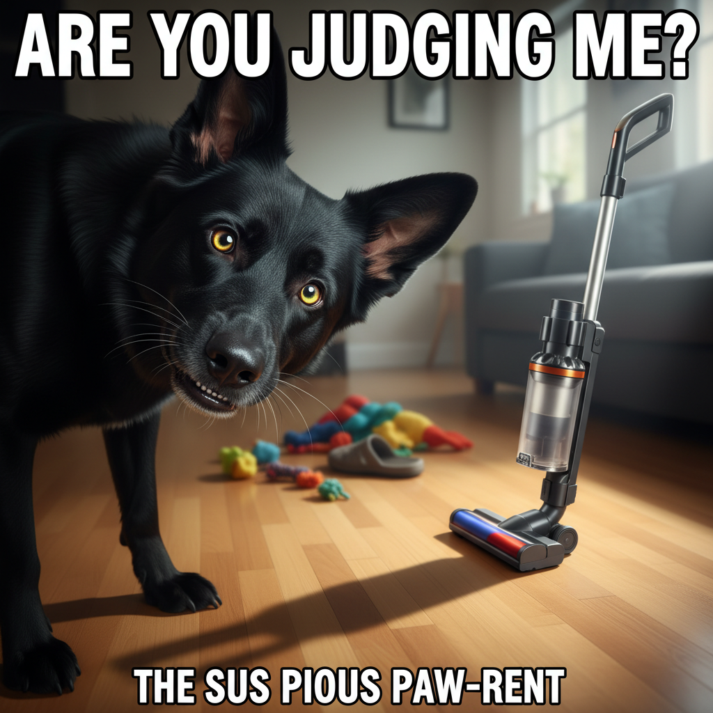 Dramatic dog reviewing a vacuum cleaner