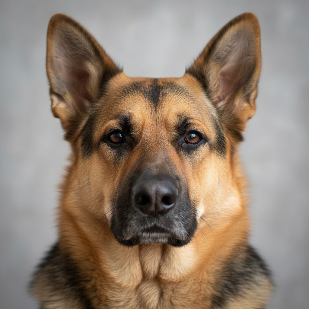 A realistic, overly serious dog staring straight ahead, meme-style