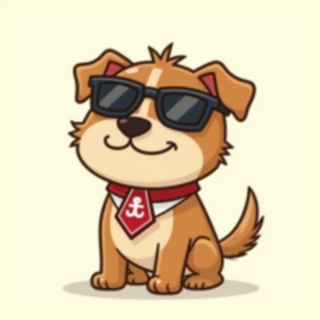Cartoon dog in sunglasses with a wagging tail and a judge's collar, looking playfully stern