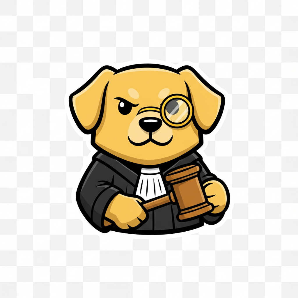 Dramatic Dog Reviews Logo: cartoon dog with monocle and gavel