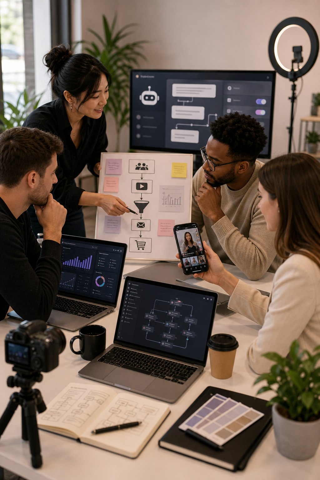 Polished editorial-style scene of a coordinated growth team planning BookTok content with laptops, phone analytics dashboards, funnel diagrams, and automation interface cues in a modern studio