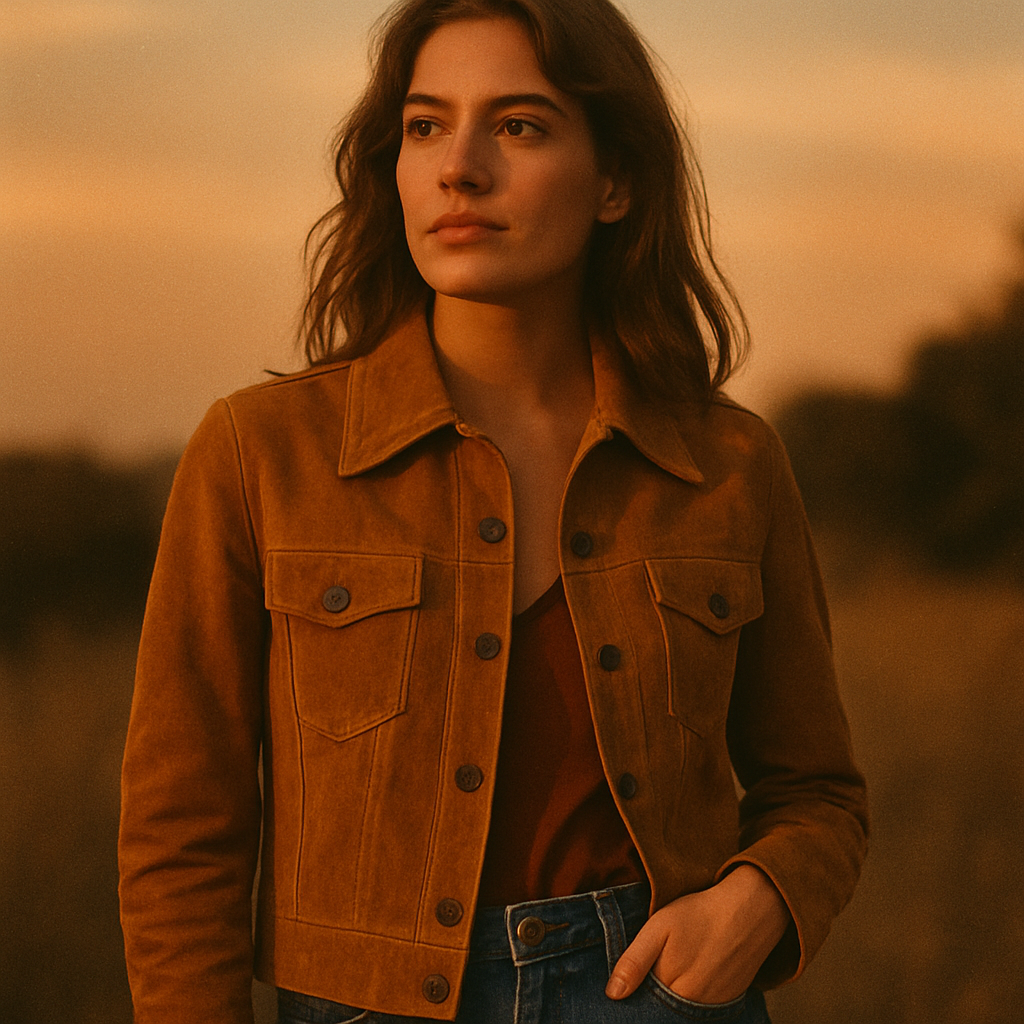 Editorial portrait of a woman in a caramel suede jacket and high-waisted denim, warm sunset light, soft film grain.