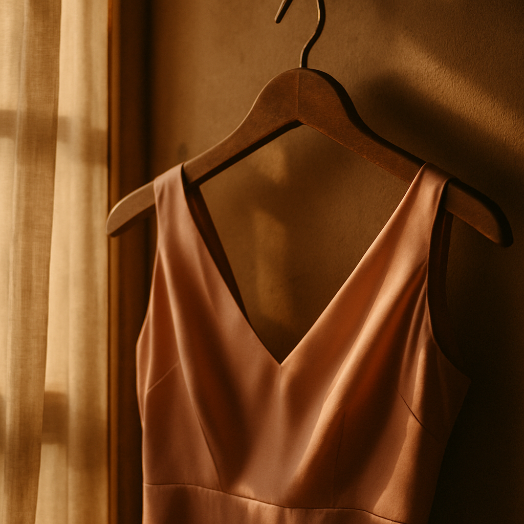 Close-up of a blush satin dress on a vintage hanger, soft window light, analog texture.