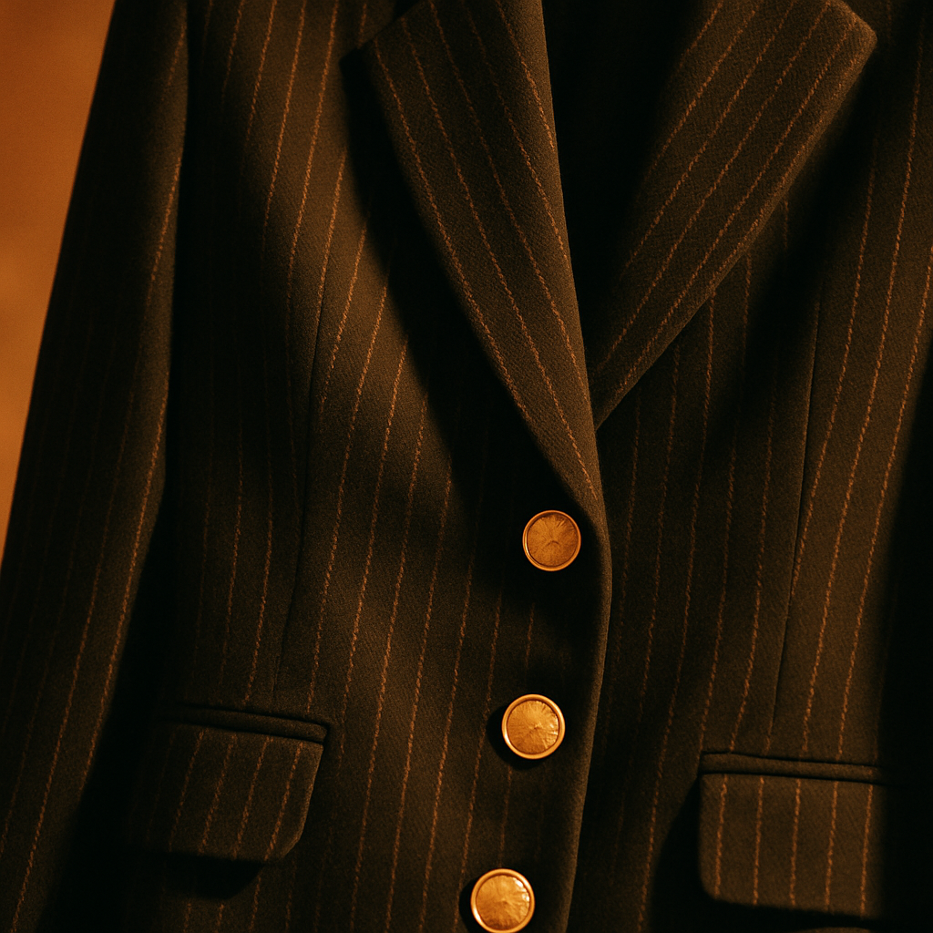 Detail shot of a black pinstripe blazer with gold buttons, 1980s tailoring, warm studio light.