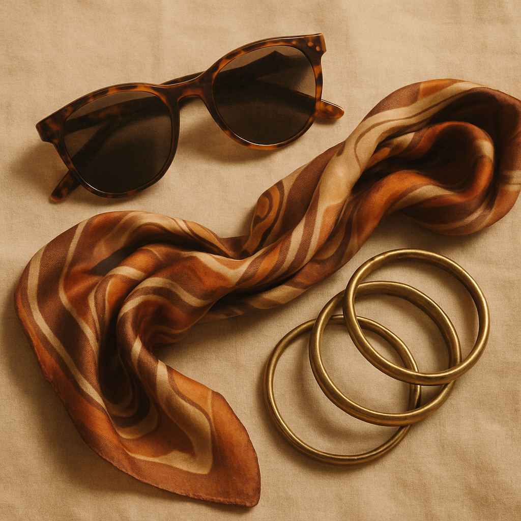 Flatlay of 1980s accessories including tortoiseshell sunglasses, a silk scarf, and metallic bangles on a warm linen surface