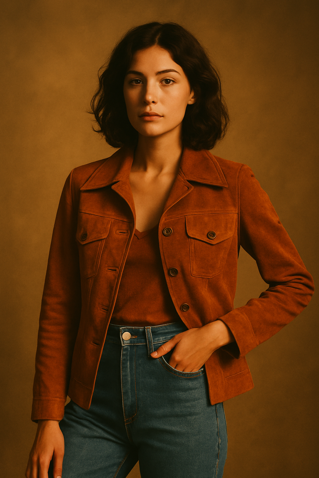 Editorial portrait of a vintage model in a rust-toned 1970s suede jacket and high-waisted denim, warm film lighting