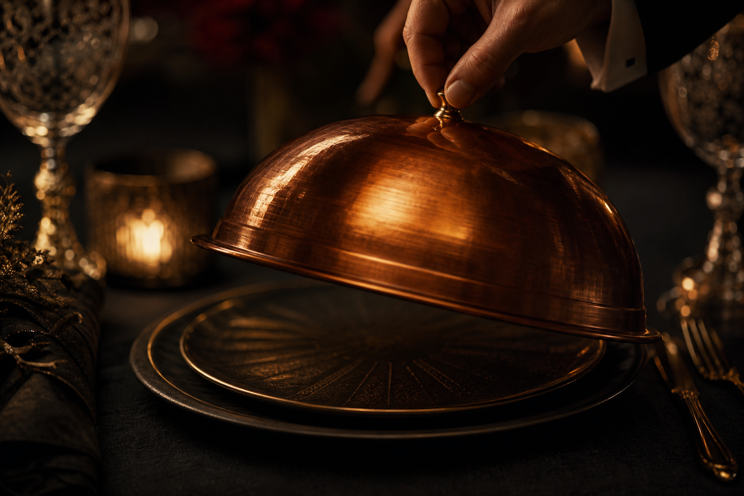 Close-up of a burnished copper cloche lifted in candlelight above a dark linen table